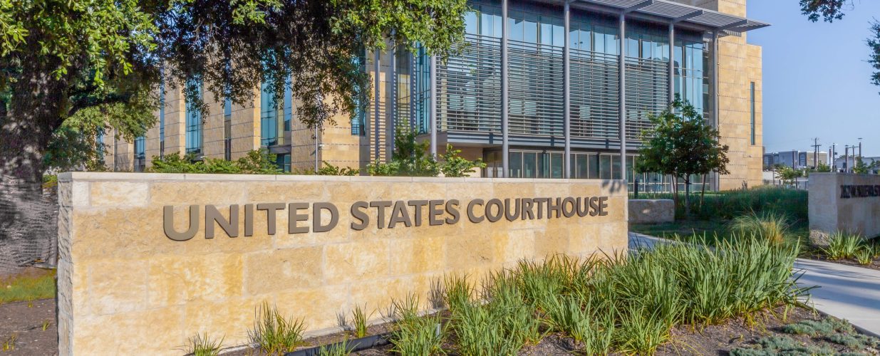 Exterior United States Courthouse brick sign at San Antonio Federal Courthouse